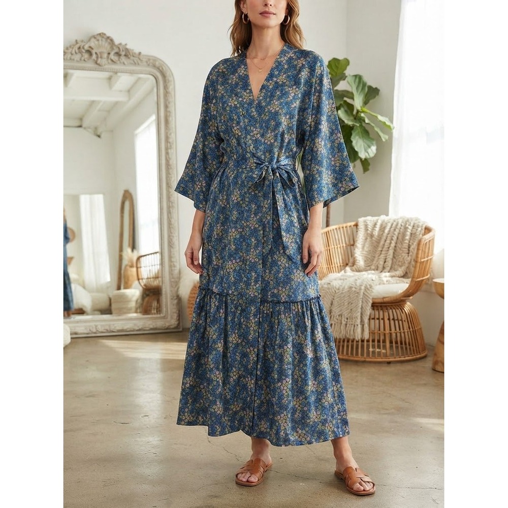 Anthropologie Floral Kimono Maxi Robe Blue Wrap Tie Waist XS/S Boho Tiered Hem